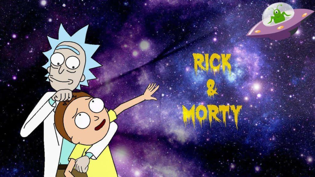Rick and Morty wallpaper with Rick Morty cartoon UFO purple cosmic nebula yellow logo background