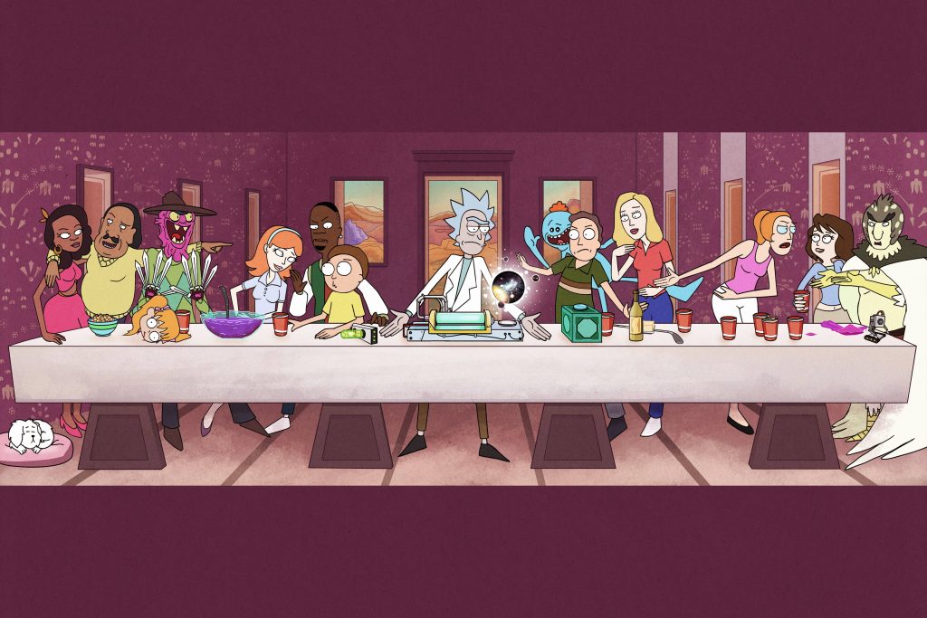 Rick and Morty hand-drawn Last Supper parody wallpaper with Rick, Morty, Jerry, Beth, Birdperson, Meeseeks