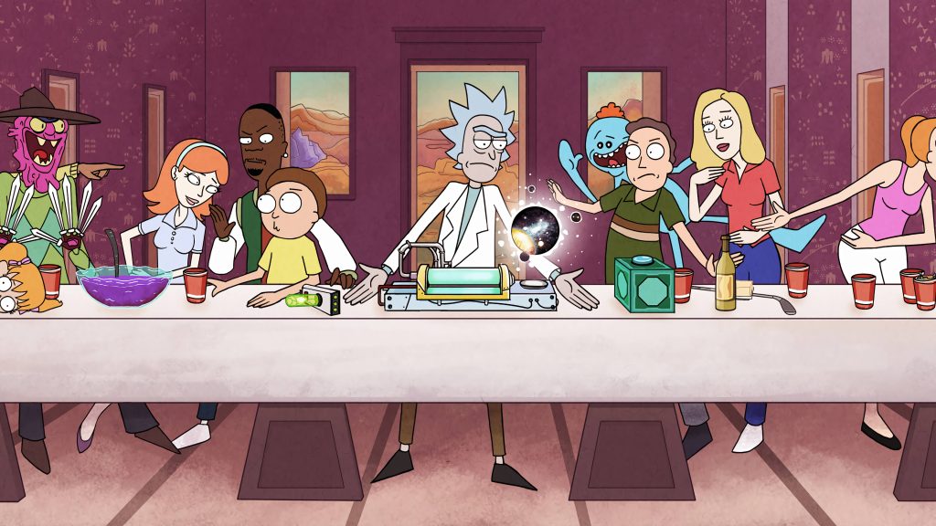 Rick and Morty Last Supper parody wallpaper featuring Rick Sanchez and family in vibrant chaos