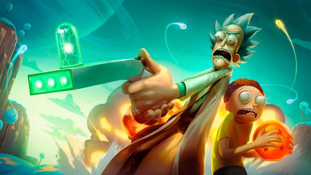 Rick Sanchez with portal gun and Morty holding Dragon Ball vibrant teal 3D Rick and Morty wallpaper