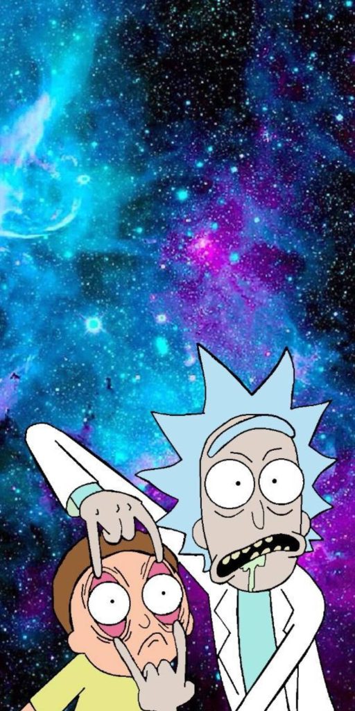 Rick and Morty digital wallpaper with psychedelic neon galaxy and vibrant space-themed art background
