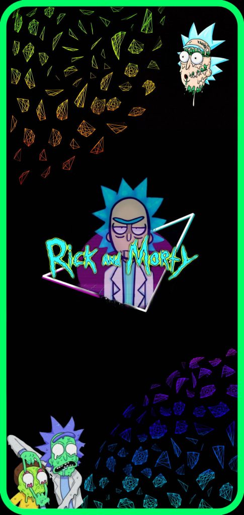 Rick and Morty digital wallpaper with neon geometric wireframes on black background multiverse design