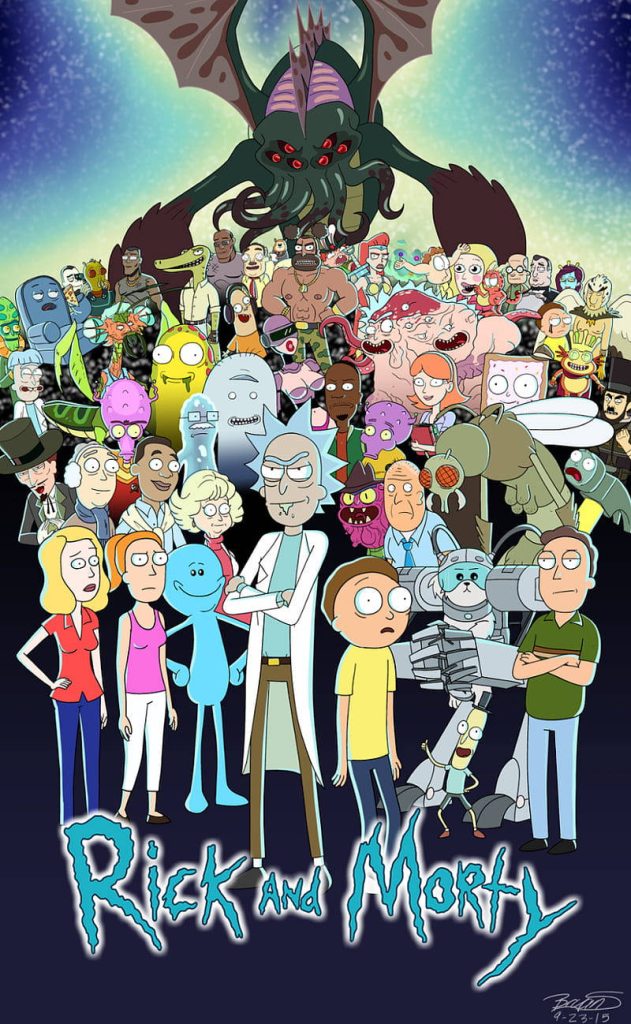 Rick and Morty wallpaper with Rick Morty Cthulhu and fan favorite characters on starry blue background