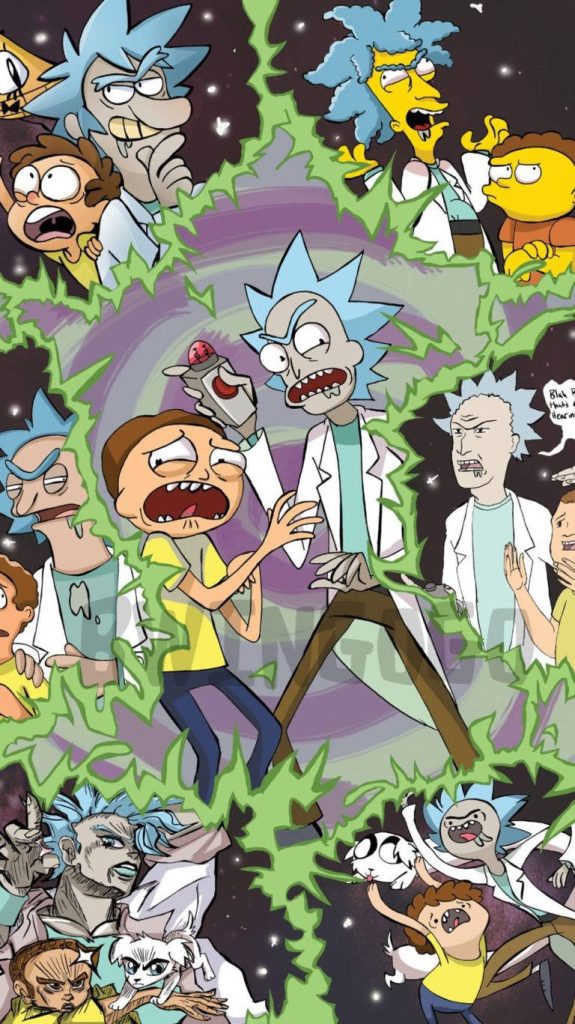 Rick and Morty wallpaper with glowing green portal and multiverse characters on dark space background