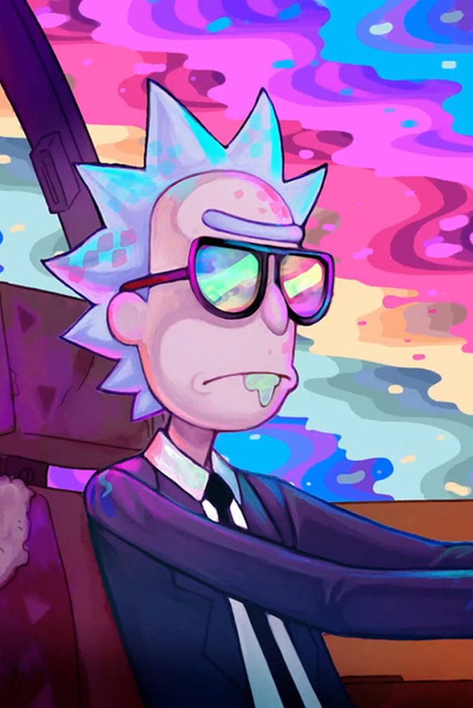Rick and Morty phone wallpaper Rick Sanchez in suit colorful sunglasses psychedelic cosmic background