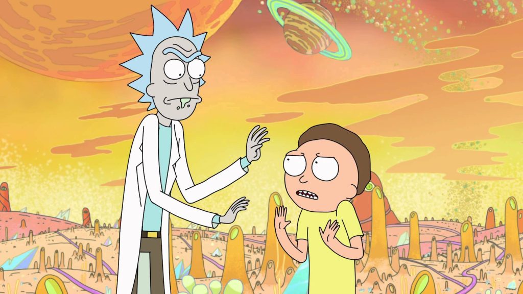 Rick and Morty exploring alien planet with ringed planets orange surreal sky wallpaper background