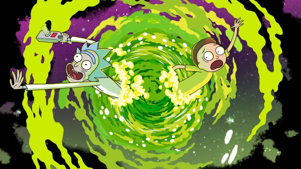 Rick and Morty falling through neon green portal cosmic vortex animated wallpaper background