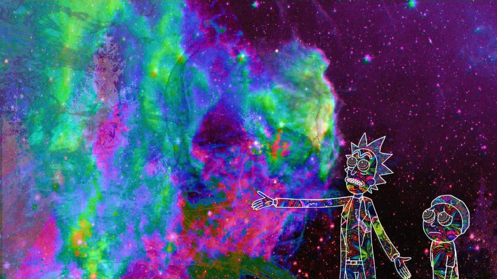 Rick and Morty psychedelic laptop wallpaper with neon cosmic nebula and intricate patterns