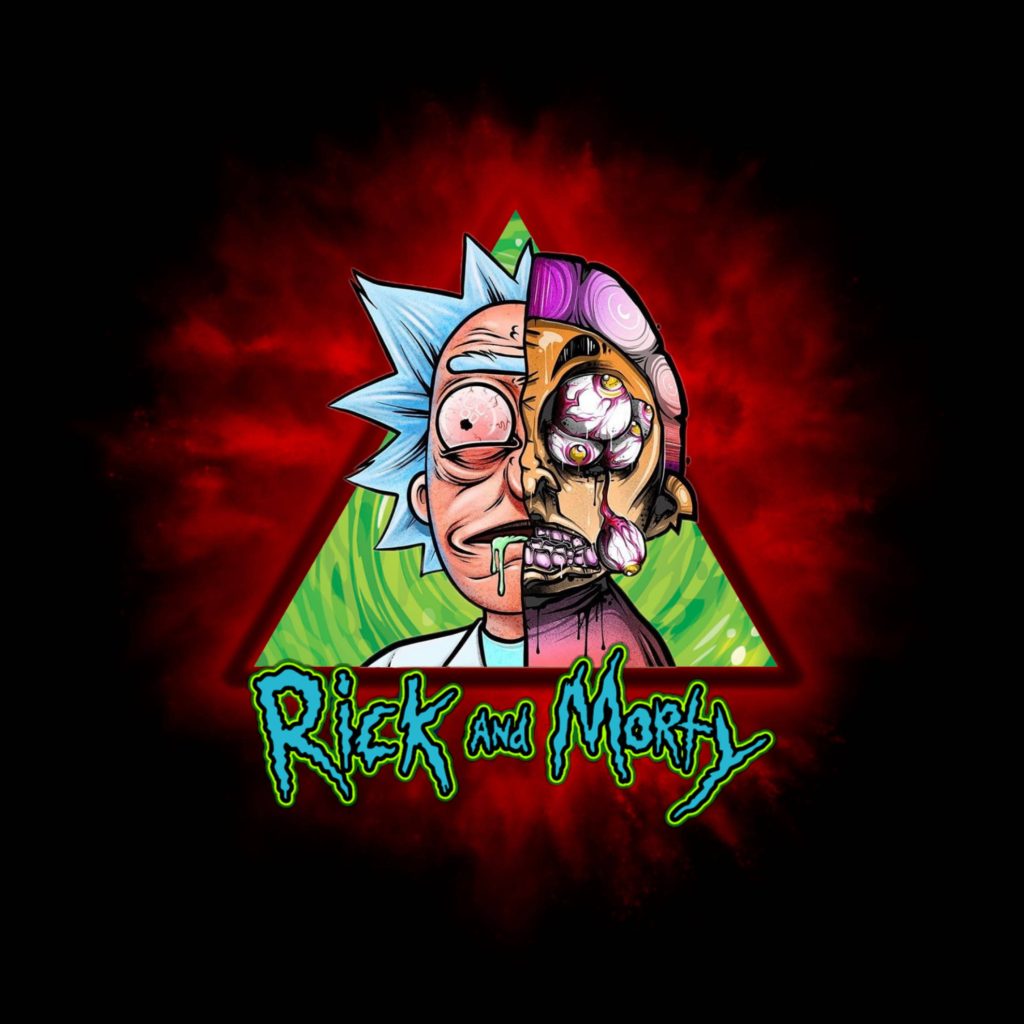 Rick and Morty psychedelic wallpaper split-face Rick merging into multi-eyed mutation green portal