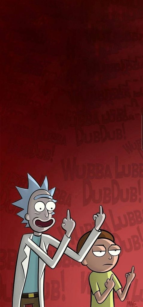 Rick and Morty wallpaper with Rick and Morty flipping off on red Wubba Lubba Dubdub background