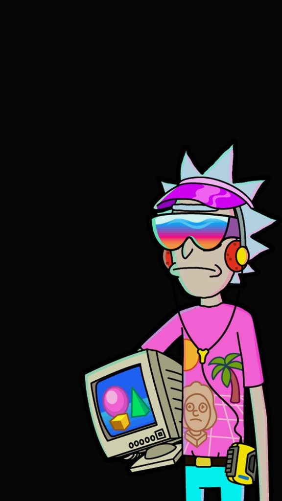 Rick and Morty 90s retro wallpaper with Rick Sanchez rainbow glasses pink visor vintage computer