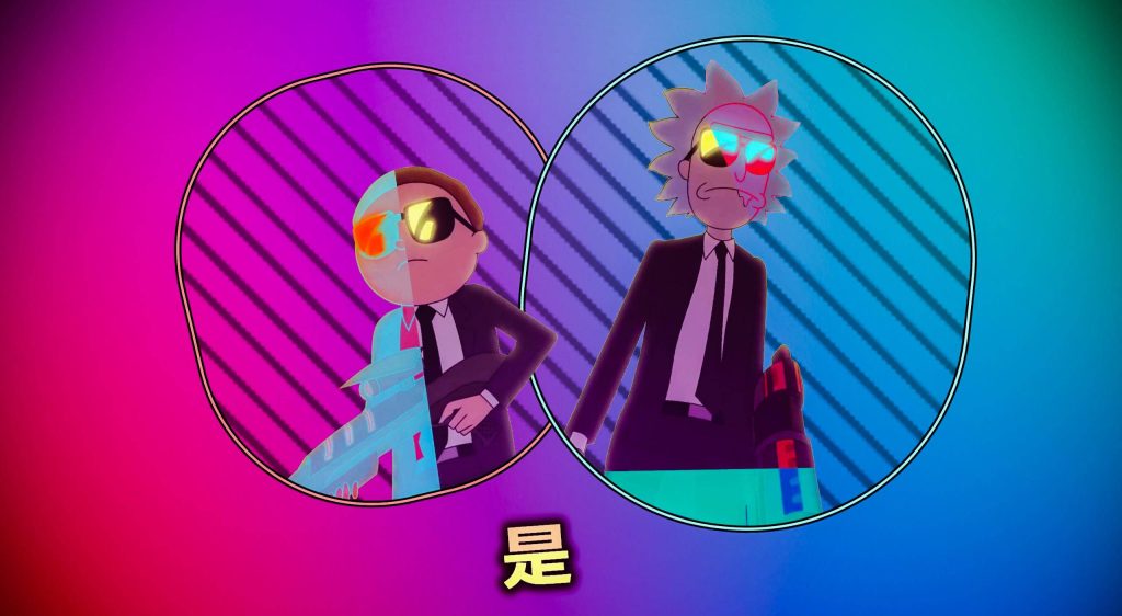 Rick and Morty in suits with sunglasses and futuristic weapons neon synthwave wallpaper background