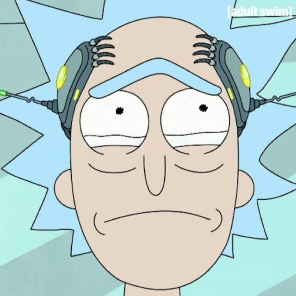 Rick Sanchez with futuristic headset and scared expression on teal portal sci-fi wallpaper