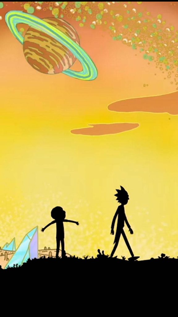 Rick and Morty silhouette wallpaper cosmic alien landscape ringed planet digital art background