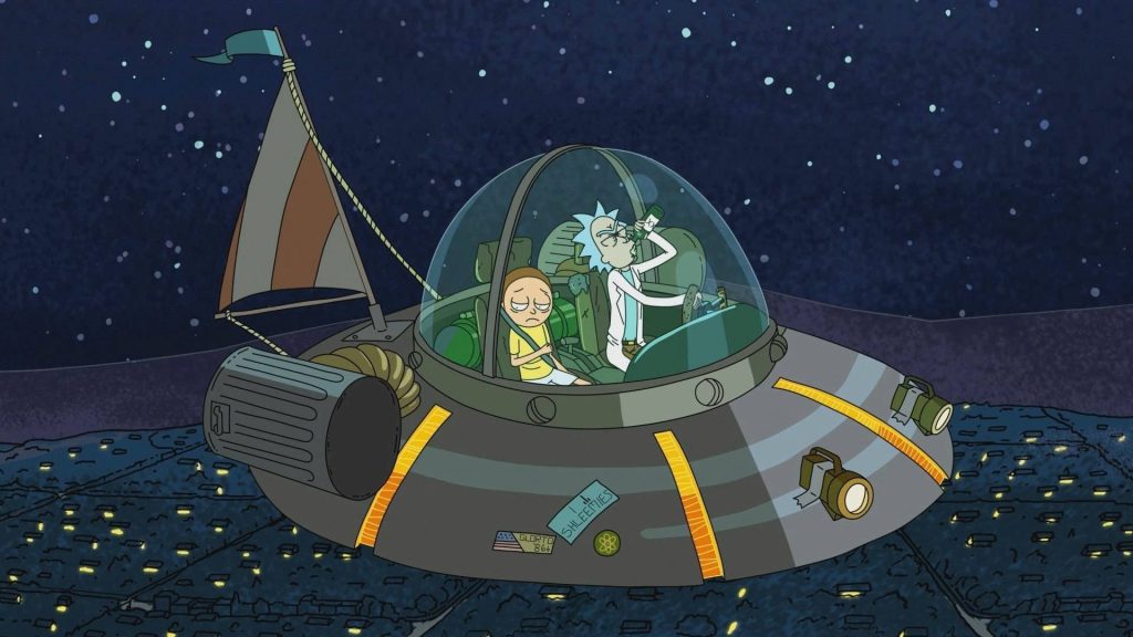 Rick and Morty flying cosmic spaceship above glowing planet in vibrant sci fi wallpaper background