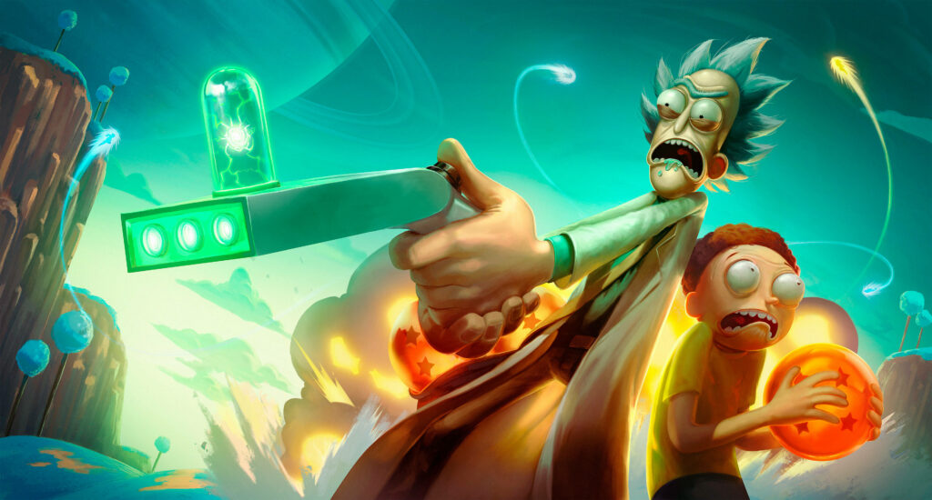 Rick and Morty digital fanart with glowing portal gun and Morty holding a Dragon Ball in action Wallpaper