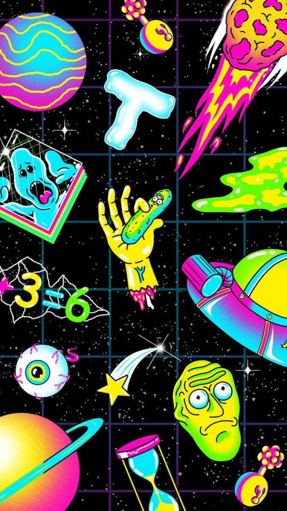 Rick and Morty wallpaper with Pickle Rick Mr Meeseeks retro synthwave neon planets and spaceships