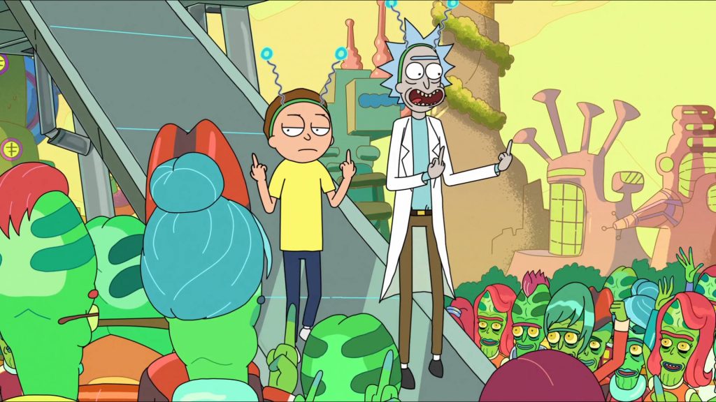 Rick and Morty wallpaper with vibrant sci-fi scene and characters flipping off an alien crowd