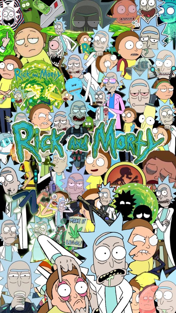 Rick and Morty chaotic collage wallpaper with Pickle Rick and iconic expressions vibrant 2D art