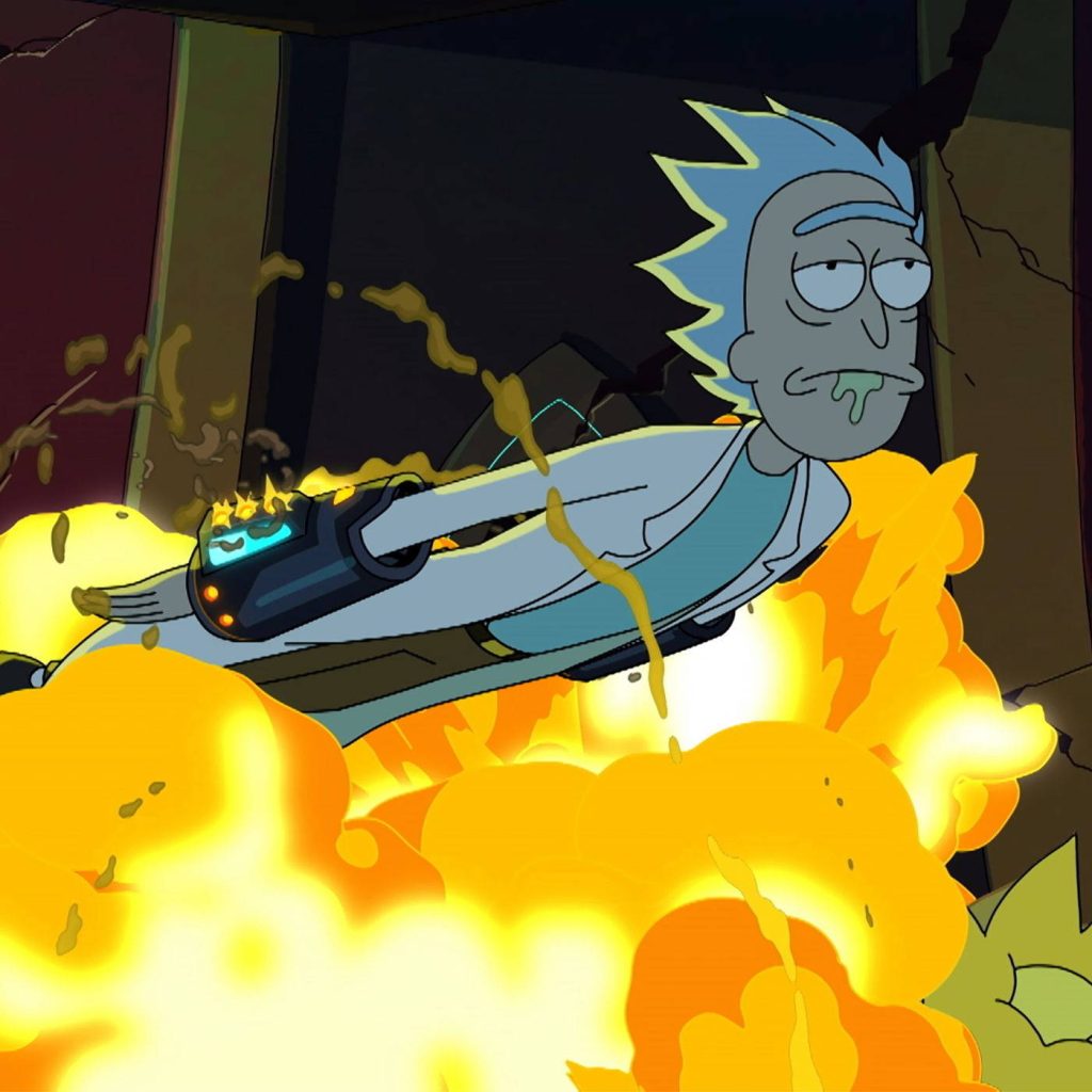 Rick Sanchez in lab coat gliding with arm thruster through massive fiery explosion wallpaper