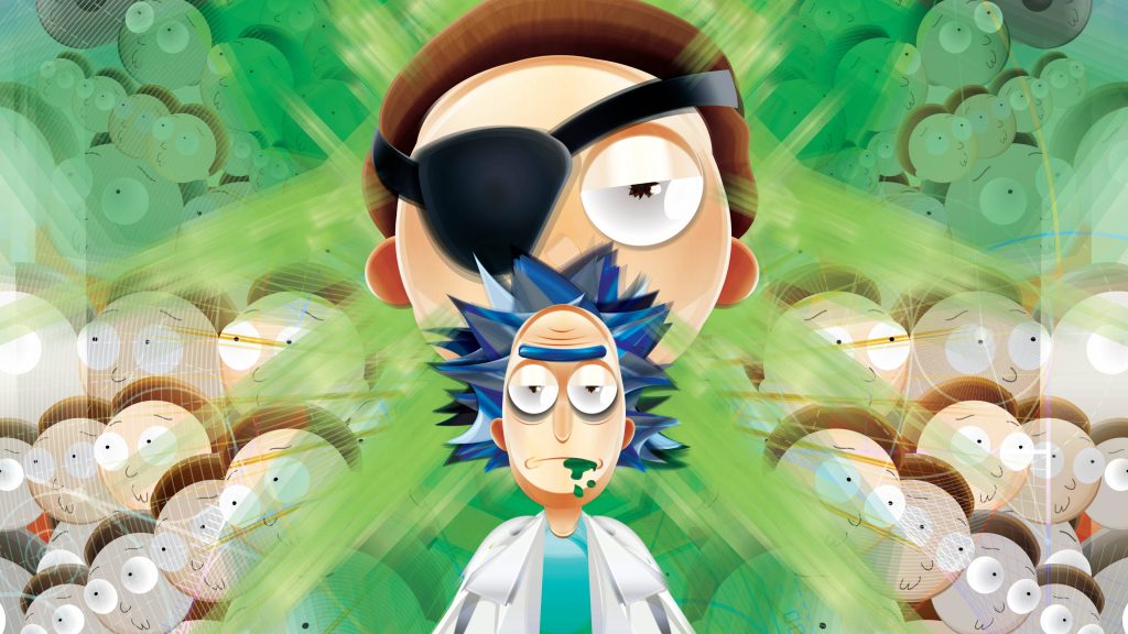 Rick and Morty wallpaper with Rick Sanchez and Evil Morty eyepatch glowing green rays crowd background