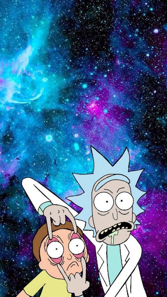 Rick and Morty wallpaper with Rick opening Mortys eyes in vibrant deep space galaxy background