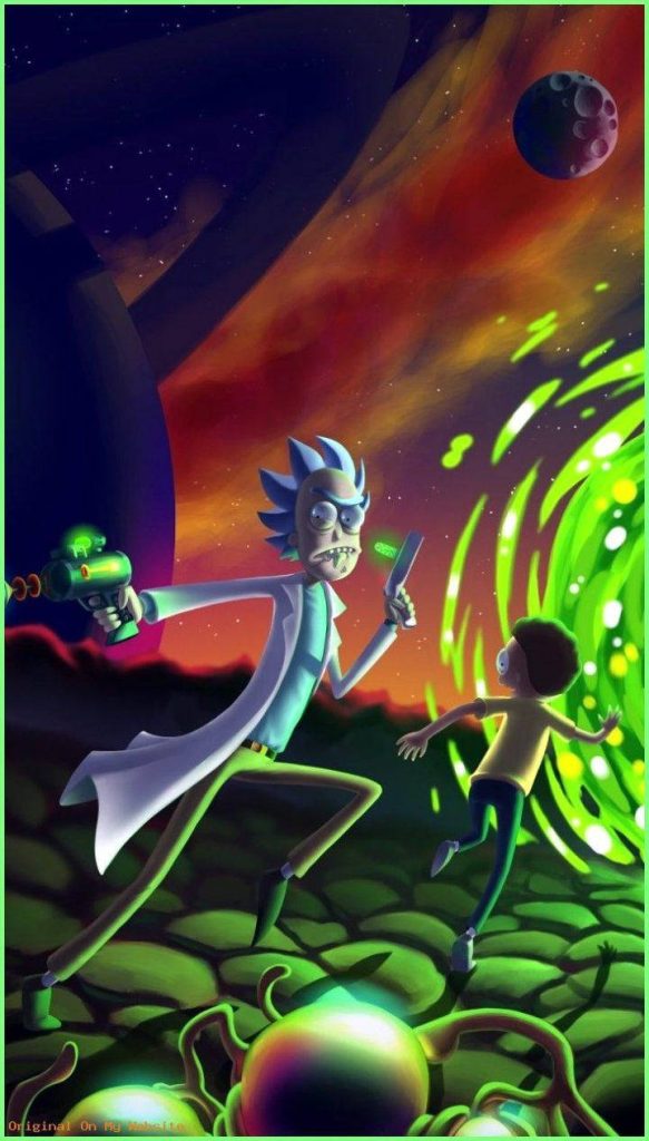 Rick and Morty iPhone wallpaper glowing green portal sci fi escape dark alien planet background