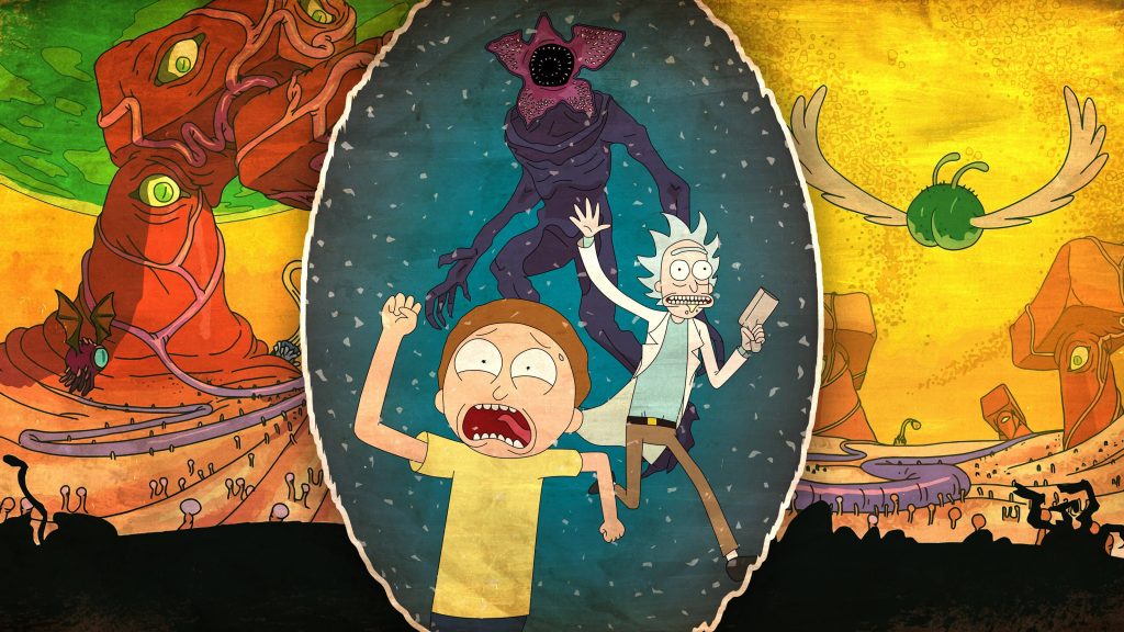 Rick and Morty escape Demogorgon Stranger Things in retro vintage style alien landscape wallpaper