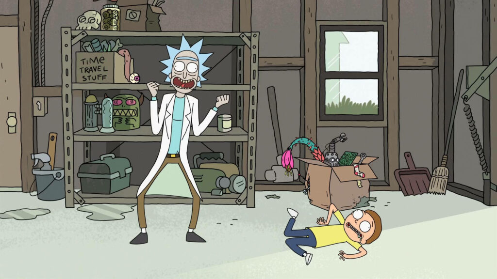 Rick and Morty 2D animated wallpaper Rick in chaotic garage Morty defeated on floor background
