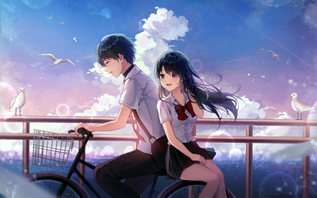 Captivating Anime Wallpaper: Couple on Romantic Bike Ride with Serene Sky Background