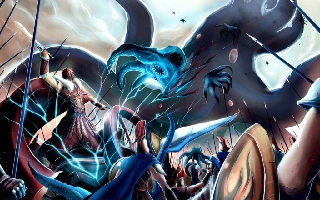 Rider Iskandar from Fate Zero battling tentacled Caster with lightning and army fantasy art Wallpaper