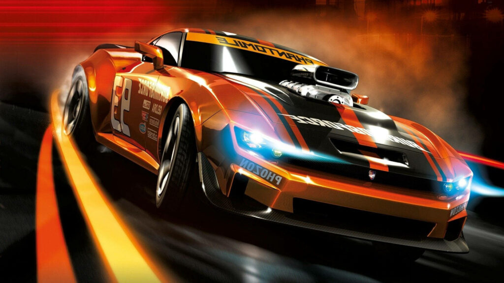 Orange and black Ridge Racer drifting high speed with dynamic light streaks arcade racing wallpaper