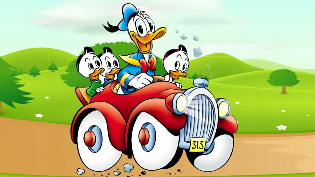Disney's Trio Adventure: Donald Duck and Nephews on a Green Ride Wallpaper