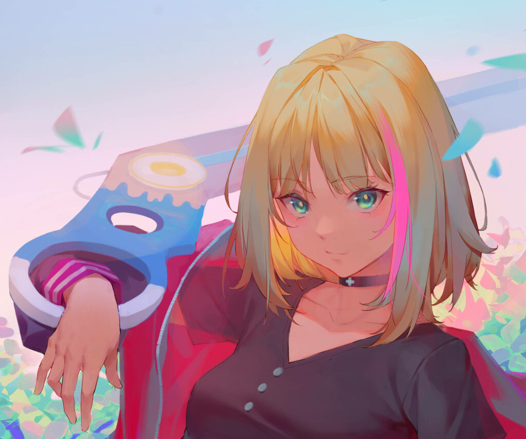 Rika from Wonder Egg Priority confidently holding large blade vibrant colorful wallpaper background