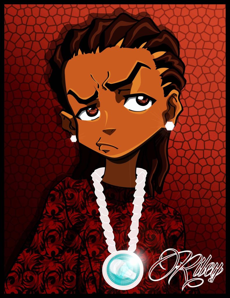 Riley Freeman from The Boondocks anime style portrait with cornrows glowing medallion red mosaic background Wallpaper
