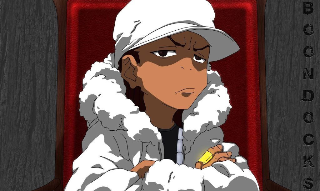 Riley Freeman from The Boondocks in white puffer jacket bucket hat confident pose red background Wallpaper