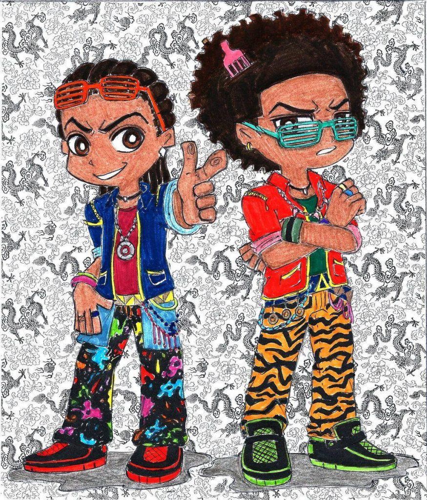 Riley and Huey Freeman from The Boondocks in vibrant streetwear with dragon wallpaper background