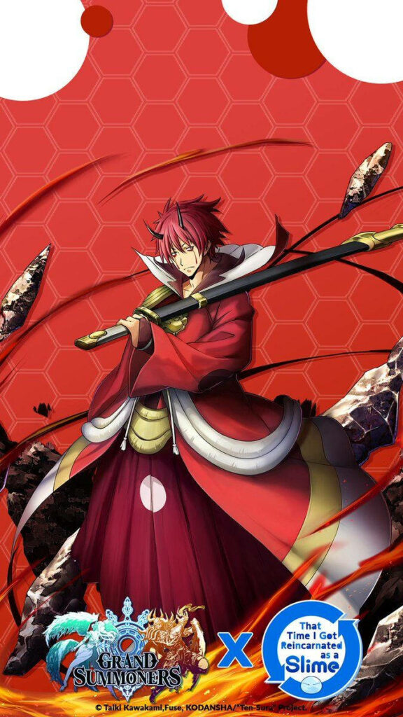 Rimuru from That Time I Got Reincarnated As A Slime in dynamic pose with swirling energy background Wallpaper