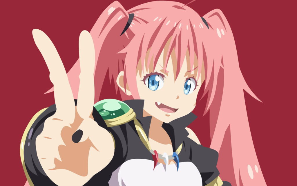 Rimuru from That Time I Got Reincarnated as a Slime posing with peace sign on red wallpaper