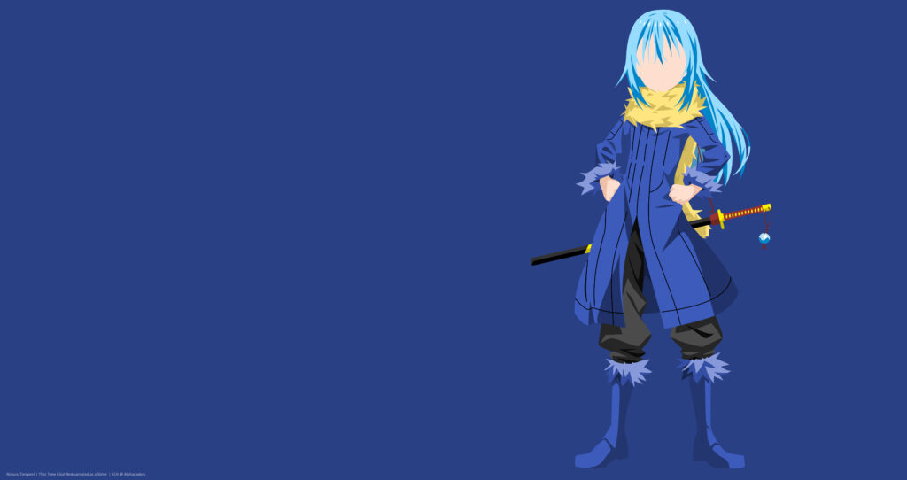 Rimuru standing confidently with sword on minimalist blue background That Time I Got Reincarnated as a Slime wallpaper