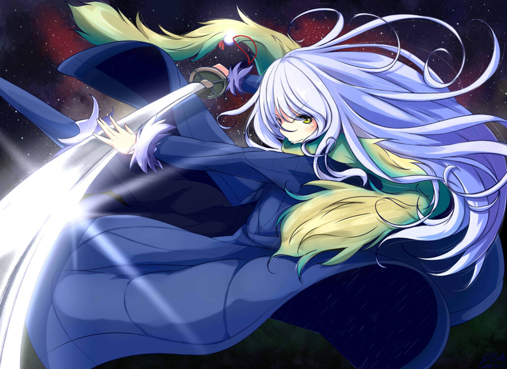 Rimuru Tempest wielding glowing sword in dynamic magical anime background wallpaper scene