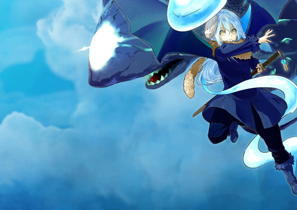 Rimuru Tempest in dynamic battle pose with powerful creature under bright blue sky wallpaper