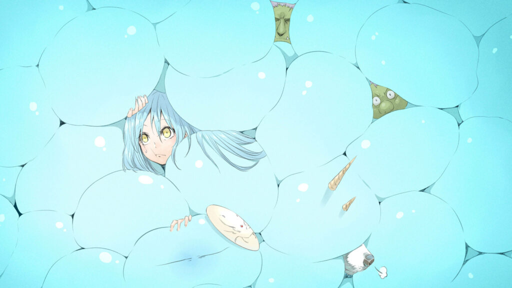 Rimuru Tempest with blue slime orbs and characters in vibrant fantasy gaming wallpaper background