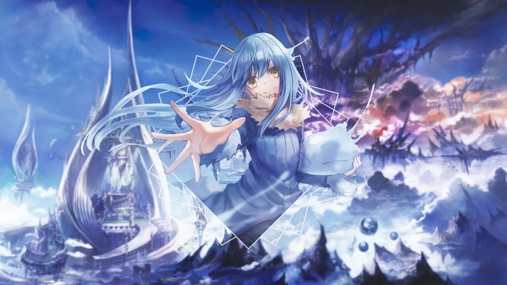 Rimuru Tempest reaching forward against mystical dramatic background anime wallpaper dynamic