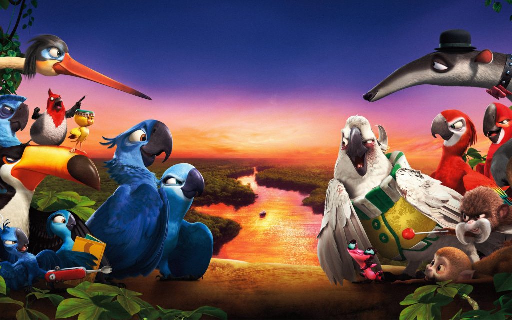 Rio 2 wallpaper Blu and Jewel face Nigel Gabi Charlie colorful Amazon sunset 3D animation