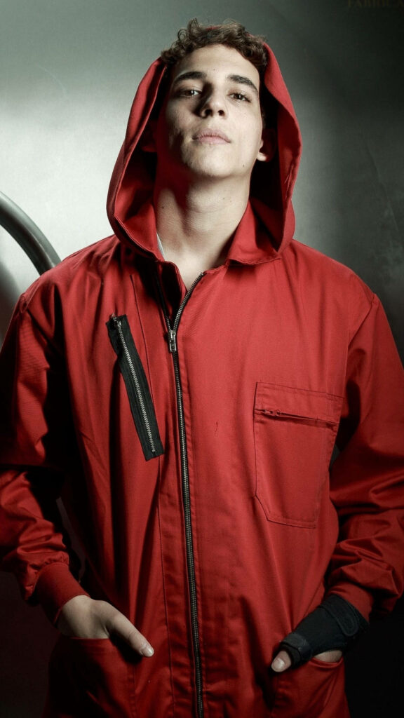 Rio: Mastermind in Crimson - Unveiling the Enigmatic Money Heist Character against an Edgy Monochrome Setting Wallpaper