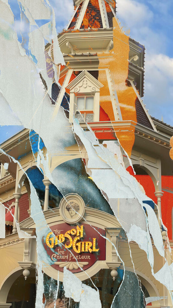 Ripped wallpaper effect showing colorful layers over Disneyland Gibson Girl Ice Cream Parlor facade