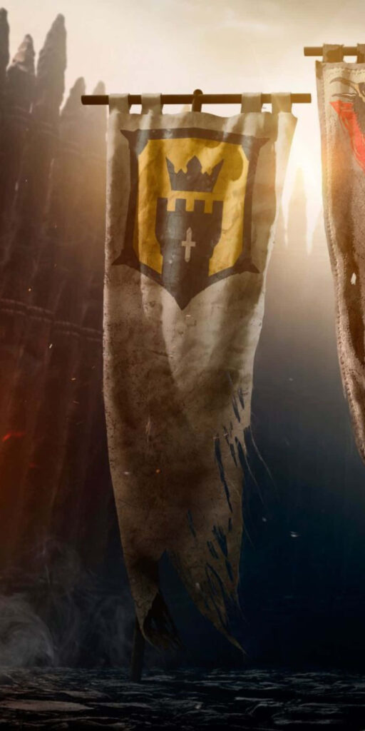 For Honor Inspired Banner Trio with Castle and Cross Symbol on Dramatic Battlefield Background Wallpaper