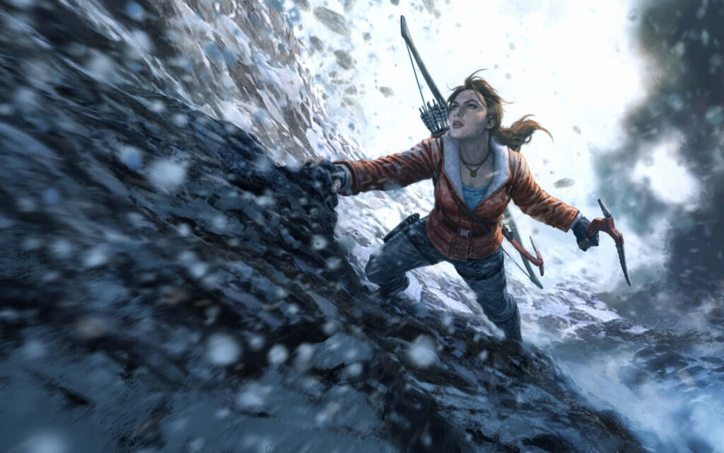 Dynamic Rise of the Tomb Raider Wallpaper: Lara Croft Climbs Snowy Cliff with Pickaxe - Action & Adventure Theme Highlighted