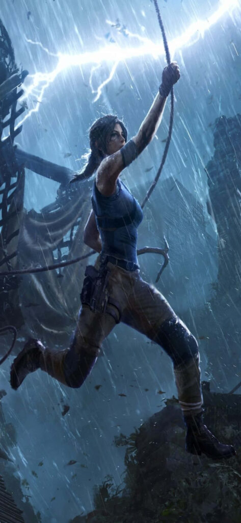 Intense Lara Croft scene: powerful stance amidst stormy backdrop in Rise of the Tomb Raider game Wallpaper
